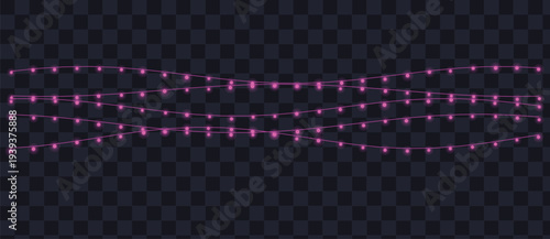 Wavy strings of bright pink glowing fairy lights illuminate a transparent dark night sky