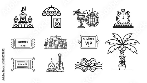 Minimal Beach Party DJ Line Icon Set – Modern Monochrome Outline Music Festival Icons, Afro Tribal Inspired Vector Collection