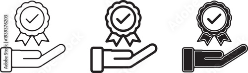 Hand holding quality badge icon set