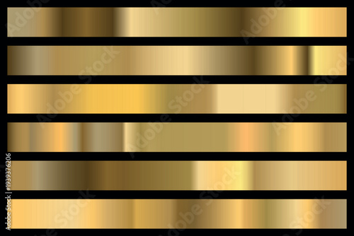 Gold metalic gradient collection with shiny rainbow hologram. Holographic foil texture, golden, copper gradation. Vector set for frame, ribbon, border, other design.