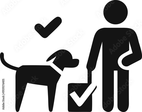 Person with a Dog and Luggage Featuring Approval Checkmarks for Pet Travel