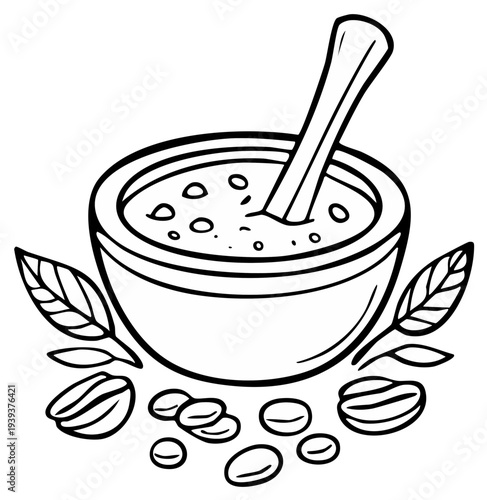 Illustration of a bowl with coffee grounds and a pestle, surrounded by beans and leaves