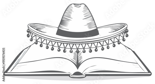 Mexican Sombrero on Open Book Illustration Graphic Symbol Learning Culture