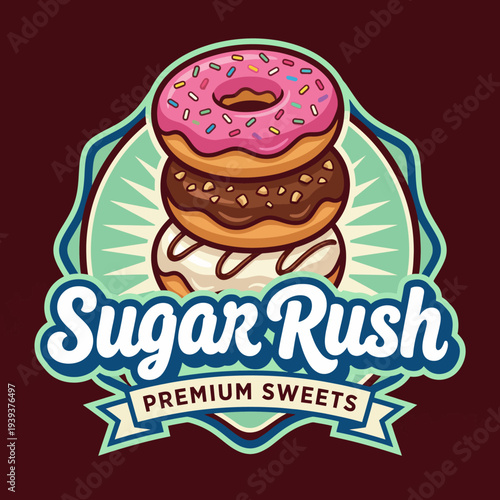 A vibrant and appetizing illustration of three donuts stacked on top of each other, featuring pink, chocolate, and cream frosted styles, ideal for food-related projects.