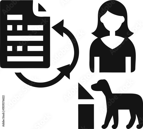 Pet Ownership Document Exchange Icon with Dog and Information Flow