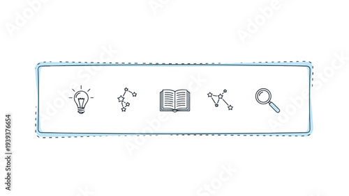 A graphic illustration of five icons - a lightbulb, puzzle pieces, an open book, a hammer and wrench, and a magnifying glass - arranged horizontally in a blue-lined rectangle on a white