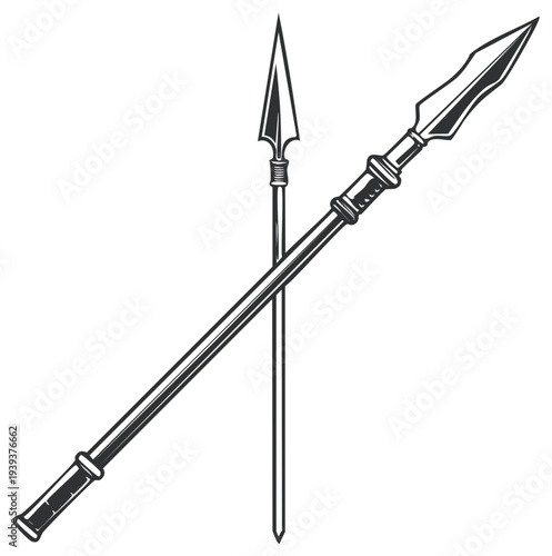 Vintage Illustration of Two Crossed Spears with Detailed Shafts and Arrowheads