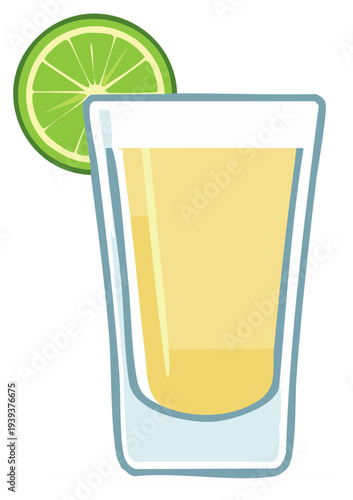 Clear shot glass filled with amber liquid and garnished with a vibrant green lime slice