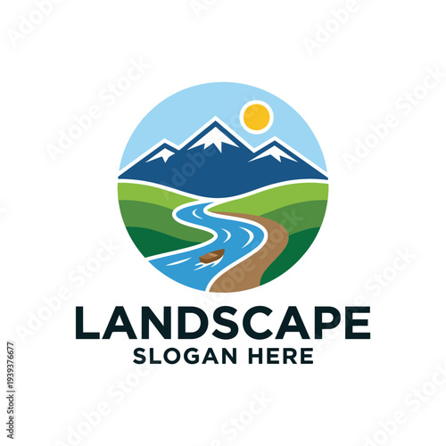 This vibrant logo design features a picturesque landscape with mountains, a winding river, and a bright sun, embodying the beauty of nature and the essence of outdoor exploration.