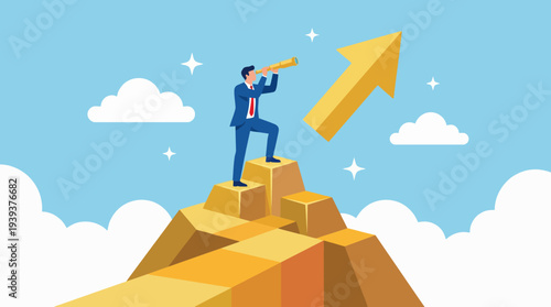 This inspiring illustration depicts a businessman using a telescope while standing on a mountain peak, signifying leadership, ambition, and the pursuit of success in a dynamic environment.