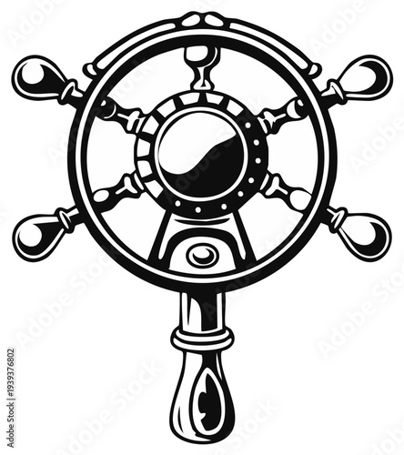 Classic ship's helm icon in black and white, maritime nautical symbol