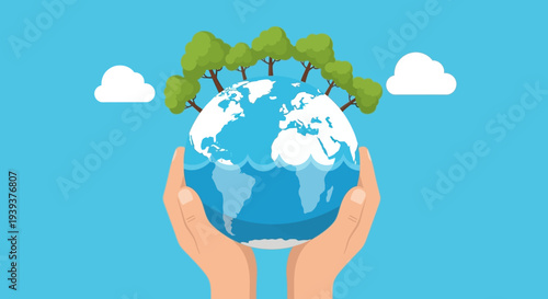 Hands holding earth with trees vector illustration showcasing global unity and environmental care