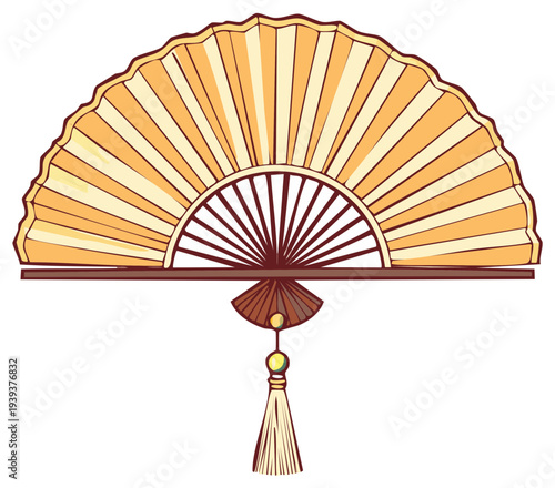 Elegant Japanese Paper Fan with Tassel, Open and Ready to Cool