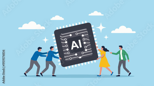This graphic illustrates teamwork around a large AI chip, emphasizing collaboration and innovation in technology, representing the future of artificial intelligence.
