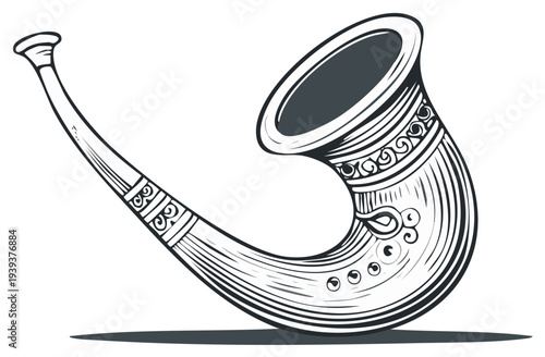 Vintage style hand drawn horn musical instrument with intricate carvings. Graphic illustration of a curved wind instrument for celebration or decoration.