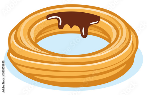 Ring shaped churro pastry drizzled with rich chocolate sauce isolated on a light blue background