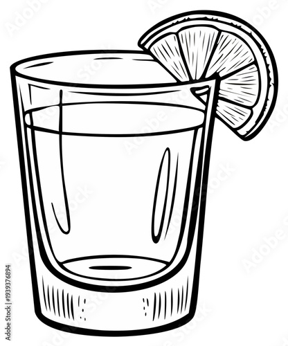 Tequila Shot Glass with Orange Slice Hand Drawn Illustration Beverage Refreshment Alcohol