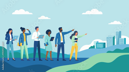 A team of six professionals stands on a landscape, with a city skyline visible in the background, signaling collaboration, diversity, and ambition in today's urban environment.