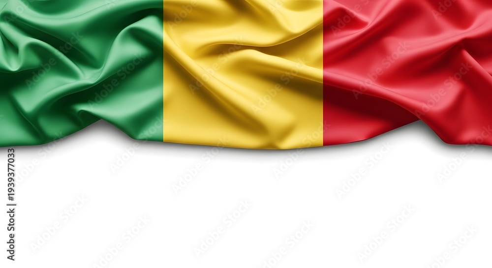 Obraz premium Wavy silk flag of Mali with green, yellow, and red vertical stripes on a white background.