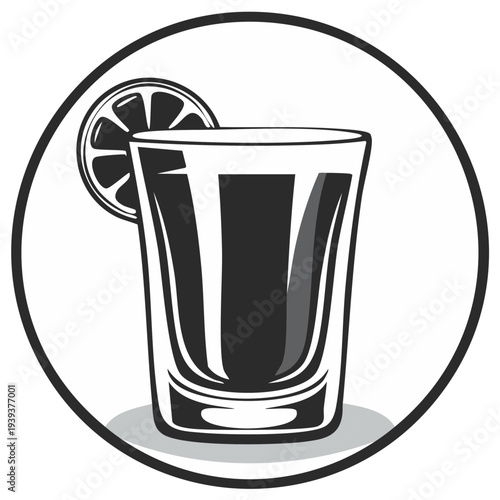 Black and white illustration of a shot glass with a lime wedge and a circular border
