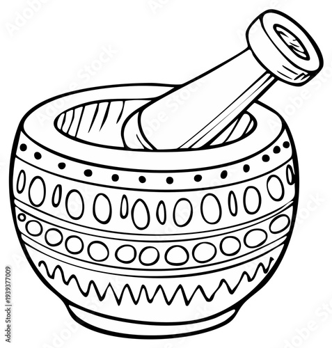 Mortar and Pestle Illustration for Grinding Spices and Herbs in Cooking Preparation Black and White Line Art