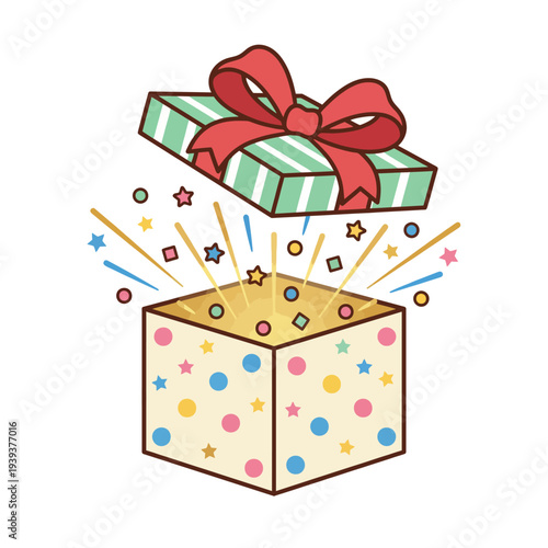 This image features a festive gift box opening up with colorful confetti and stars, conveying excitement and joy related to celebrations and special occasions.