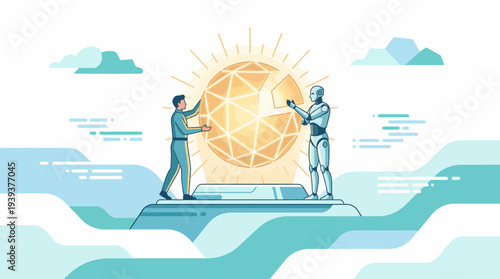 This innovative illustration depicts a human and robot collaborating, symbolizing the futuristic relationship between technology and humanity as they shape a brighter future together.