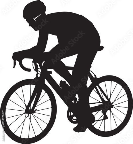 Vector illustration of a black silhouette of a man riding a vintage mountain bike with isolated wheels and pedals, representing a sport vehicle for cycle racing and outdoor transport on white