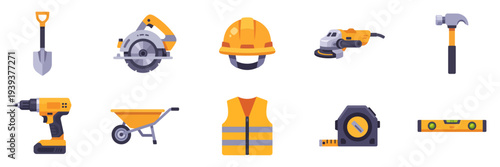 Set of construction tools with helmet, vest, drill, saw and wheelbarrow, colorful collection with vector flat illustrations
