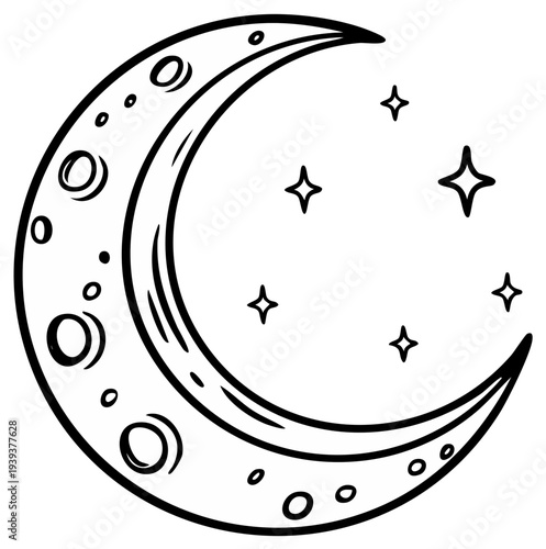 Crescent moon and stars outline illustration, celestial drawing of moons surface and starry space scene