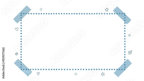 Blue dotted line frame with decorative corners and symbols on a white background.