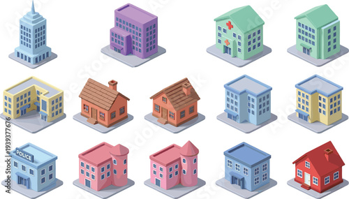 Isometric city buildings collection including hospital police station houses offices and apartments colorful urban architecture icons for town map design