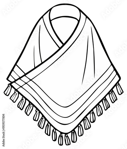 Traditional Mexican Poncho Outline with Tassels and Decorative Stripes