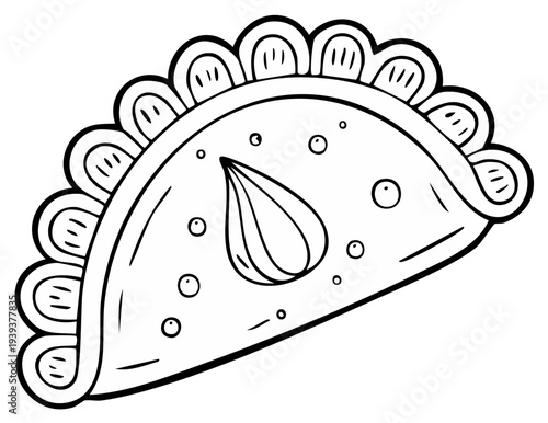Hand Drawn Sketch of a Stuffed Dumpling or Empanada with Decorative Edges