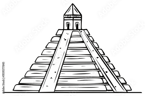 Mayan Pyramid Outline Drawing, Ancient Mesoamerican Architecture, Historic Landmark Illustration