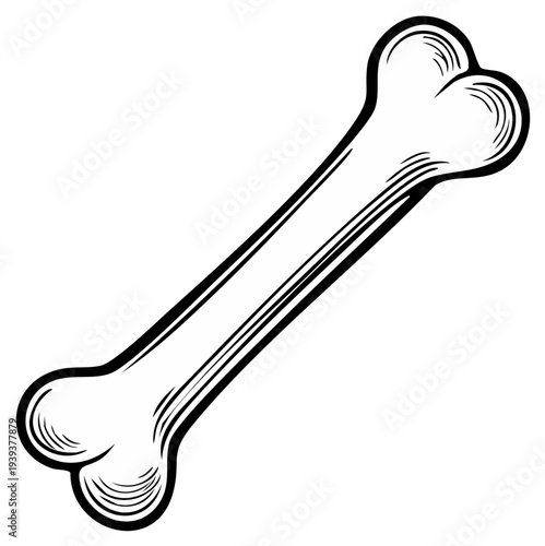 Hand drawn illustration of a classic dog bone shape with bold outline and hatching detail