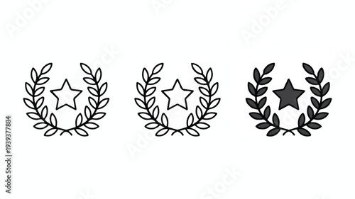 Three laurel wreaths encircling stars in varying shades of gray