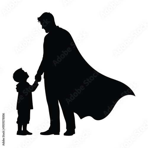 Silhouette of a heroic father figure in cape holding child's hand