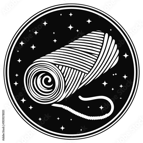 Yarn ball with string in night sky circle icon, crochet or knitting design element, hobby