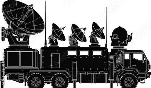Black truck with satellite dishes on white background vehicle