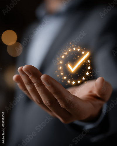 A Symbol of Validation: A close-up view of a professional, presenting a luminous validation symbol on the open palm of the hand. An image with the idea of assurance and credibility in business.