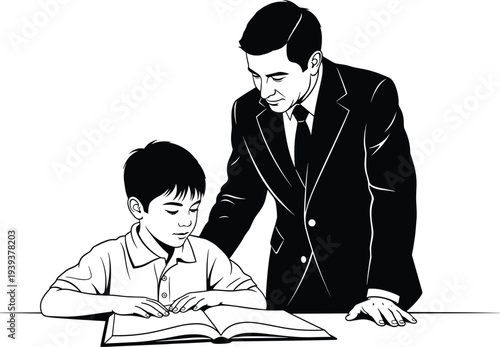 Man in suit helping boy read book reading