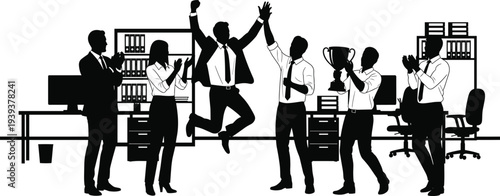 Silhouette of business team celebrating success in office celebration