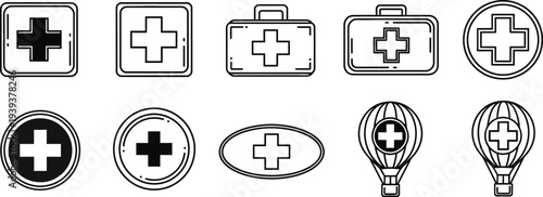 Medical cross symbols and first aid icons