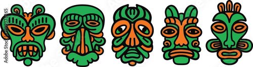 Vibrant green and orange tribal masks in a row