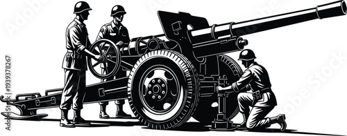 Soldiers operating a large artillery gun military