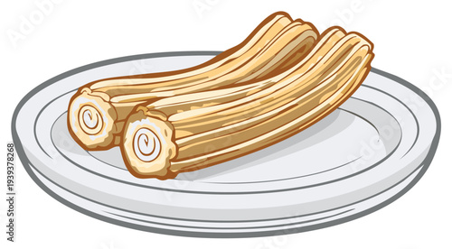 Two Fried Churros Served on a White Plate, Sweet Pastry Snack