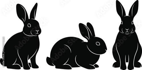 Three black rabbits with white outlines on white background animals