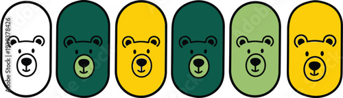 A row of five cartoon bears with different colored faces