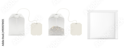 3d realistic vector illustration. Set of tea bag mockup empty and with tea inside, tea bag sachet pouch. 